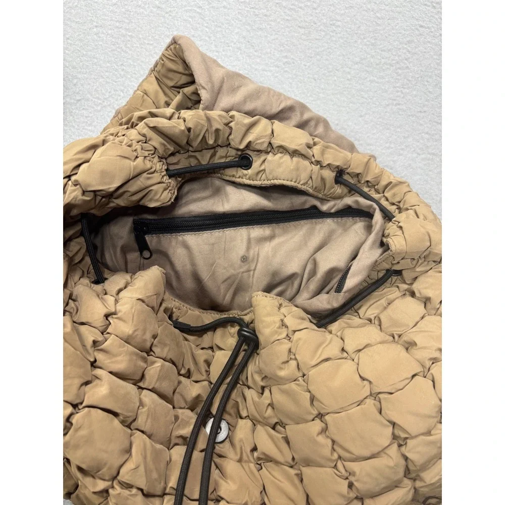 Ododos Backpack OS Quilted Puffer Drawstring Flap Tan Khaki Textured Bag